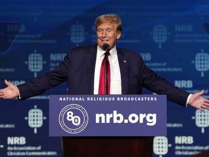 Former president Donald J. Trump speaks during a presidential forum at the 2024 National Religious Broadcasters International Christian Media Convention in Nashville, Tennessee, 22 February 2024.