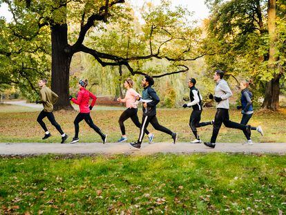 A group of runners in a park.