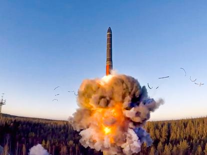 On December 9, 2020, a rocket launches from missile system as part of a ground-based intercontinental ballistic missile test launched from the Plesetsk facility in northwestern Russia.