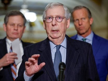 U.S. Senate Minority Leader Mitch McConnell (R-KY) speaks to the media after the weekly Senate Republican caucus luncheon with Republican leadership Senator Steve Daines (R-MT) and John Thune (R-SD), at the U.S. Capitol in Washington, U.S., February 14, 2023.