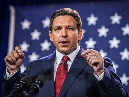 Florida Governor Ron DeSantis speaks during an election night watch party at the Convention Center in Tampa, Florida, in November 2022.