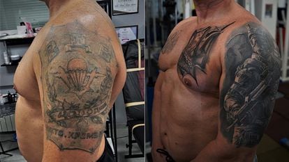 On the left, the Soviet tattoo extolling the Red Army that Roman Marchenko wore until this year; on the right, the new Ukrainian Special Forces tattoo he commissioned to cover it up.