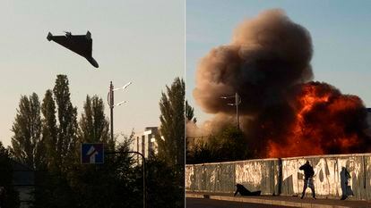 A drone approaches for an attack in Kyiv on Monday, October 17.