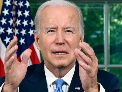 President Joe Biden addresses the nation on the budget deal that lifts the federal debt limit and averts a U.S. government default, from the Oval Office of the White House in Washington, June 2, 2023.