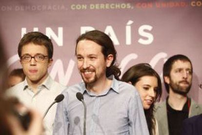 Podemos leader Pablo Iglesias addresses supporters after the Sunday vote.