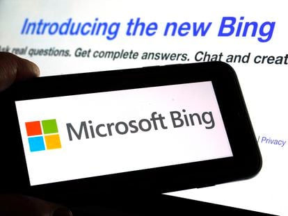 The Microsoft Bing logo and the website's page are shown in this photo taken in New York on Tuesday, February 7, 2023.
