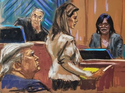 Former U.S. President Donald Trump looks on as his lawyer Alina Habba questions former New York TV news anchor Carol Martin, at Manhattan Federal Court in New York City, January 25, 2024 in this courtroom sketch.