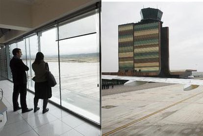 Left, the Ciudad Real airport from one of its lounges. Right, the inaugural flight at the Lleida airport.