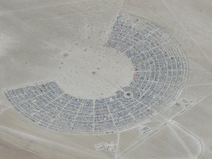 In this satellite photo provided by Maxar Technologies, an overview of Burning Man festival in Black Rock, Nev on Monday, Aug. 28, 2023.