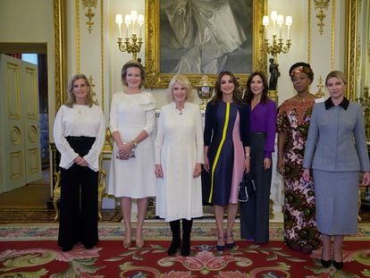 From left to right, Countess of Wessex, Queen Mathilde of Belgium, Queen Camilla, Queen Rania of Jordan, Princess Mary of Denmark, First Lady of Sierra Leone Maada Bio and First Lady of Ukraine Olena Zelenska, at Buckingham Palace on November 29.