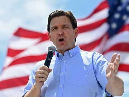 Republican presidential candidate Florida Gov. Ron DeSantis speaks at an annual Basque Fry at the Corley Ranch in Gardnerville, Nevada, on June 17, 2023.