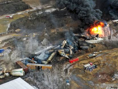 This photo taken with a drone on Feb. 4, 2023, shows portions of a Norfolk Southern freight train still on fire that derailed on Feb. 3, in East Palestine, Ohio.