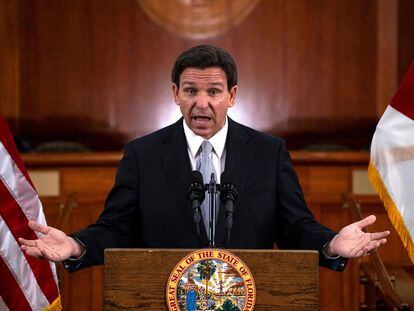 Florida Governor Ron DeSantis answers questions from the media following his "State of the State" address at the Florida State Capitol in Tallahassee, Florida, on March 7, 2023.