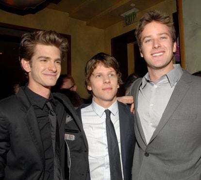 Actors Andrew Garfield, Jesse Eisenberg and Armie Hammer at the 2011 DVD launch of The Social Network in Beverly Hills, California.