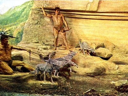 Reconstruction of a hunting scene depicting men from the Aziliense, a civilization that existed about 12,000 years ago in northern Spain and southern France.