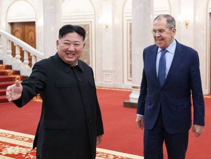 North Korean leader Kim Jong Un welcomes Russian Foreign Minister Sergei Lavrov during a meeting in Pyongyang, North Korea, October 19, 2023.