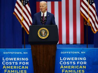 US President Joe Biden addresses a crowd of New Hampshire residents during a campaign stop at the YMCA in Goffstown, New Hampshire, March 11, 2024.