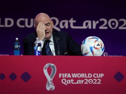 DOHA, QATAR - NOVEMBER 19: FIFA President, Gianni Infantino Speaks Ahead of Opening Match of the FIFA World Cup Qatar 2022 at a press conference on November 19, 2022 in Doha, Qatar. (Photo by Christopher Lee/Getty Images)
