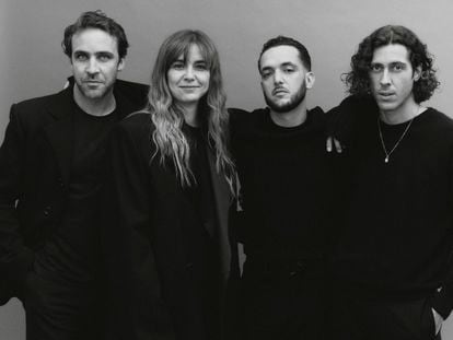  From left to right, Santos Bacana, wearing a Dolce & Gabbana jacket and pants; Cris Trenas, wearing a Uniqlo sweater and a Givenchy jacket; C. Tangana, wearing a Ferragamo sweater and pants; and Rogelio González, in a Zara sweater and Givenchy pants.