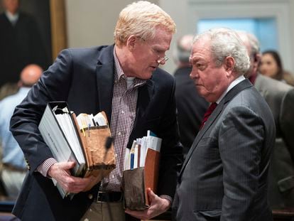 Alex Murdaugh speaks with his attorney Dick Harpootlian during his double murder trial at the Colleton County Courthouse on Wednesday, Feb. 8, 2023, in Walterboro, S.C.