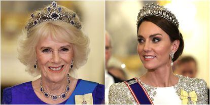 The Queen Consort, Camilla, and the Princess of Wales, Kate, attend the first state banquet since the proclamation of Charles III as king.