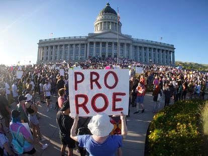 People attend an abortion-rights rally at the Utah State Capitol in Salt Lake City after the US Supreme Court overturned Roe v. Wade, on June 24, 2022.