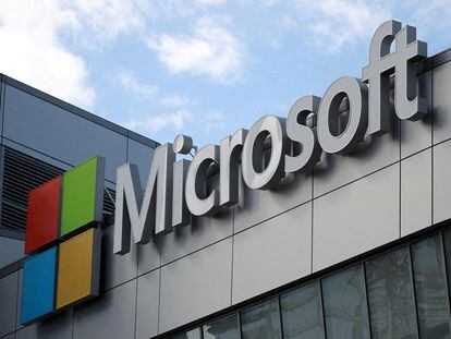 A Microsoft logo is seen in Los Angeles, California.