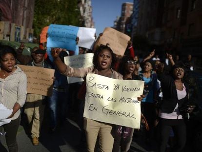 Protesters shout during a demonstration against a violent assault on a woman of Nigerian origin in Bilbao on Tuesday.