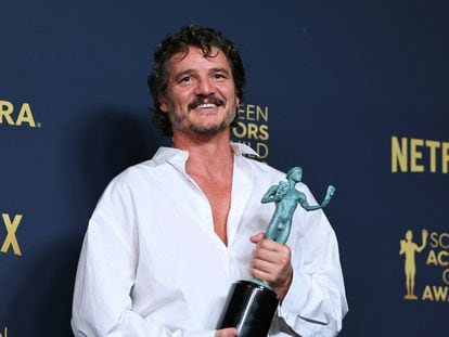 Pedro Pascal poses with the award for Best Actor in a Drama Series ('The Last of Us') at the 30th SAG-AFTRA Screen Actors Guild Awards in Los Angeles, California, on February 24, 2024.
