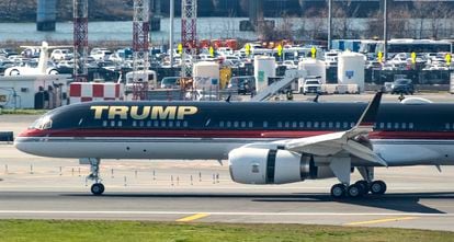 Former President Donald Trump's plane after landing at LaGuardia airport in New York on Monday.