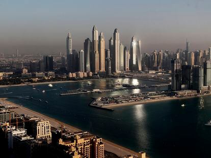 Luxury towers dominate the skyline in the Marina district and the new Dubai Harbour development in Dubai, United Arab Emirates, on April 6, 2021.