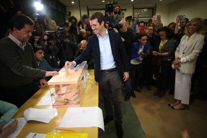 Popular Party candidate Pablo Casado voting at Nuestra Señora la Virgen del Pilar school in Madrid. The conservative nominee is hoping to unseat Prime Minister Pedro Sánchez of the Socialist Party (PSOE)