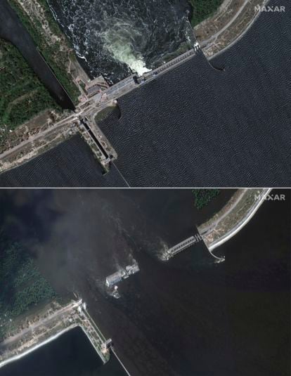 En la foto de arriba, la presa de Nova Kajovka el 5 de junio. Abajo, la misma zona tras la rotura de la presa, este miércoles. 
