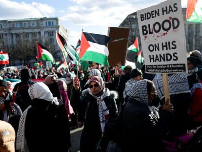 Protesters wave Palestinian flags as they gather during a rally to show solidarity with the Palestinian people in Freedom Plaza, in Washington, DC, USA, 13 January 2024.