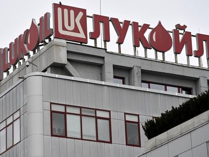 The logo of the Russian oil company Lukoil is seen on its central office building in Sofia, Bulgaria, 07 December 2023.