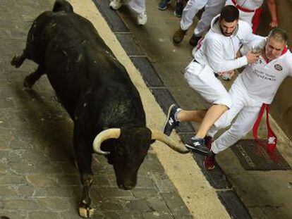 An Australian citizen is tossed in the air by the fearsome Jandilla bulls, which killed a runner in 2009