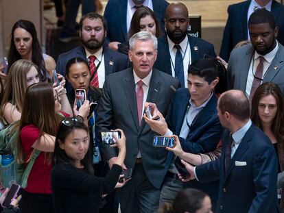 Reporters encircle Speaker of the House Kevin McCarthy, R-Calif., as debt limit negotiations continue, at the Capitol in Washington, on May 25, 2023.