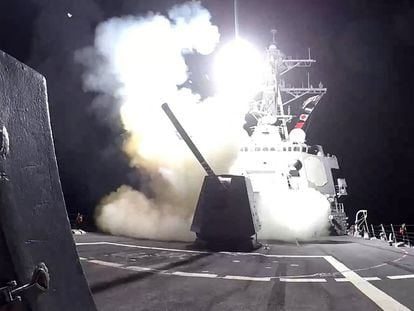 A Tomahawk land attack missile (TLAM) is launched from the U.S. Navy Arleigh Burke-class guided missile destroyer 'USS Gravely' against what the U.S. military describe as Houthi military targets in Yemen, February 3, 2024.
