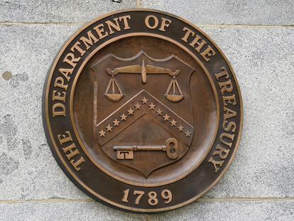 The Department of the Treasury's seal outside the Treasury Department building in Washington on May 4, 2021.