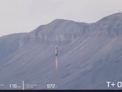 This image provided by Blue Origin shows the New Shepard rocket launching from West Texas on Tuesday, Dec. 19, 2023.