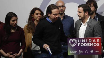 Podemos leader Pablo Iglesias preparing to address supporters on Sunday night.