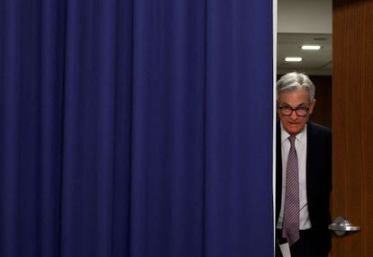 Federal Reserve Board Chairman Jerome Powell arrives to a news conference following a Federal Open Market Committee meeting on May 3, 2023, in Washington, DC.