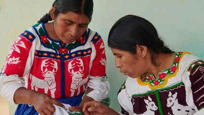 The craftswomen Irma Silva Vásquez and Marcelina Santiago González embroider a white skirt and jacket using the Pepenado technique, traditional in the region of San Lucas Redención, in Oaxaca, Mexico.