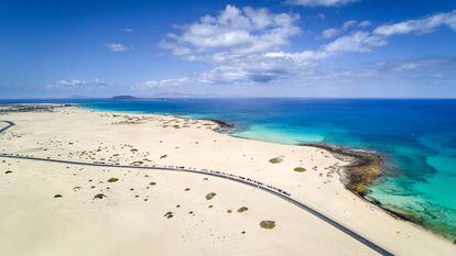 Aerial view of the road to the beaches of the Corralejo Dunes National Park.