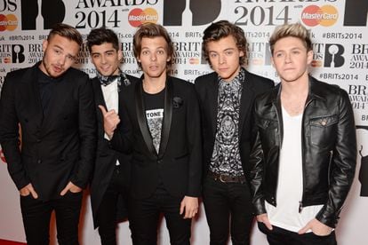 The members of One Direction (Liam Payne, Zayn Malik, Louis Tomlinson, Harry Styles and Niall Horan) at the 2014 BRIT Awards.