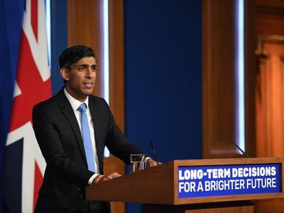 The United Kingdom's Prime Minister Rishi Sunak speaks at a news conference in Downing Street, London, Britain, on September 20, 2023.