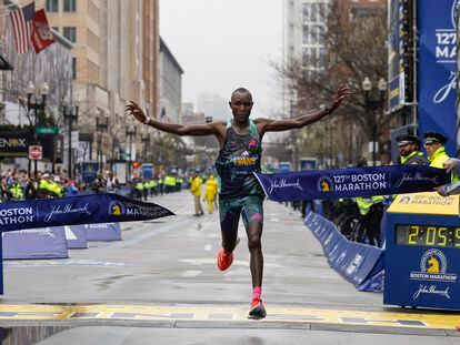 Evans Chebet of Kenya breaks the tape to win the 127th Boston Marathon, on April 17, 2023, in Boston.