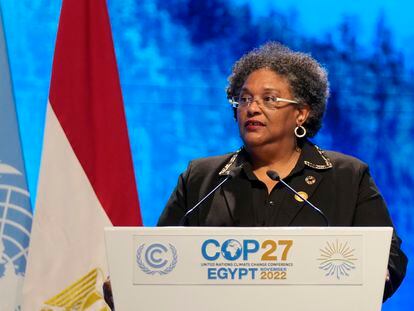 Mia Mottley, prime minister of Barbados, speaks at the COP27 U.N. Climate Summit, Nov. 8, 2022, in Sharm el-Sheikh, Egypt.