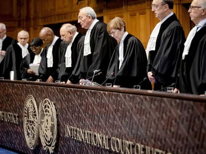 The judges during the ruling of the International Court of Justice (ICJ) in Ukraine's genocide case against Russia in the Hague, the Netherlands, February 02, 2024.