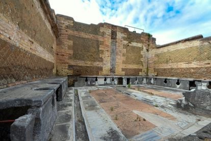 General view of latrines in Ostia Antica.